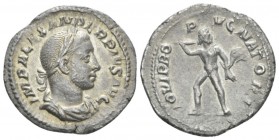 Severus Alexander, 222-235 Denarius circa 231, AR 20mm., 2.53g. Laureate, draped, and cuirassed bust r. Rev. IOVI PRO PV GNATORI Jupiter in fighting s...