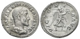 Maximinus I, 235-238 Denarius circa 235, AR 20mm., 2.71g. Laureate, draped and cuirassed bust r. Rev. Victory advancing r., holding wreath in r. hand ...