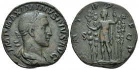 Maximinus I, 235-238 Sestertius circa 235, Æ 28.5mm., 21.24g. Laureate, draped and cuirassed bust r. Rev. The Emperor in military dress, standing l., ...