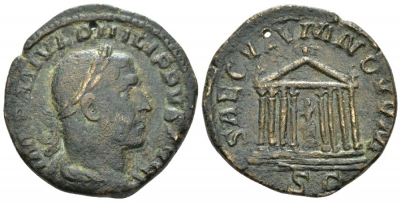 Philip I, 244-249 Sestertius circa 249, Æ 28.6mm., 16.74g. Laureate, draped, and...