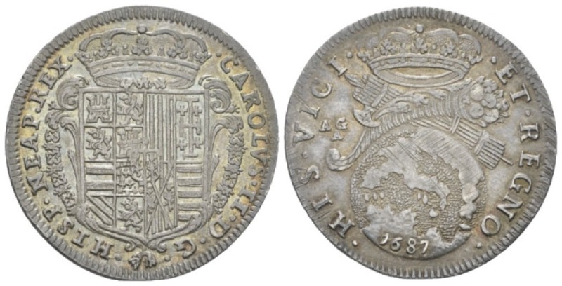 Napoli, Carlo II di Spagna, Re di Napoli e Sicilia, 1665-1700. Tarì 1687, AR 27m...