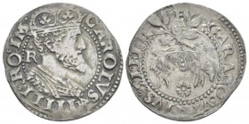 Napoli, Carlo V Imperatore, 1516-1554 Carlino circa 1516-1554, AR 24mm., 2.91g. P-R 36c. MIR 148/3.

Nice old cabinet tone, Very Fine.

 

In ad...