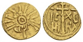 Messina, The Normans in South Italy and Sicily. Roger II as King, 1130-1154 Tari circa 1130-1154, AV 11.4mm., 1.11g. Sp. 64. MIN 220. MEC 14, -. MIR 2...