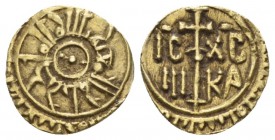 Palermo or Messina, The Normans in South Italy and Sicily. Roger II as King, 1130-1154 Tari After 140. Post reform issue., AV 11.4mm., 0.61g. Sp. 66. ...