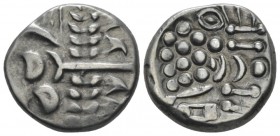 Celtic, Cranborne chase type Stater circa 58-43, AR 18mm., 5.19g. Devolved laureate head of Apollo r. Rev. Disjointed horse l.; pellets around. ABC 21...