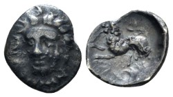 Campania, Phistelia Obol circa 325-275, AR 11mm., 0.75g. Female head facing. Rev. Lion crouching l.; below, snake. SNG Copenhagen 577. SNG ANS 587. Hi...