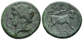 Campania, Suessa Bronze circa 265-240, Æ 20mm., 5.93g. Laureate head of Apollo l. Rev. Man-faced bull advancing r.; above, flying Nike r., holding wre...
