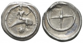 Calabria, Tarentum Nomos circa 480-470, AR 20mm., 7.41g. Oecist on dolphin l.., raising arms; below, pecten. Rev. Four-spoked wheel. Fisher-Bossert 81...