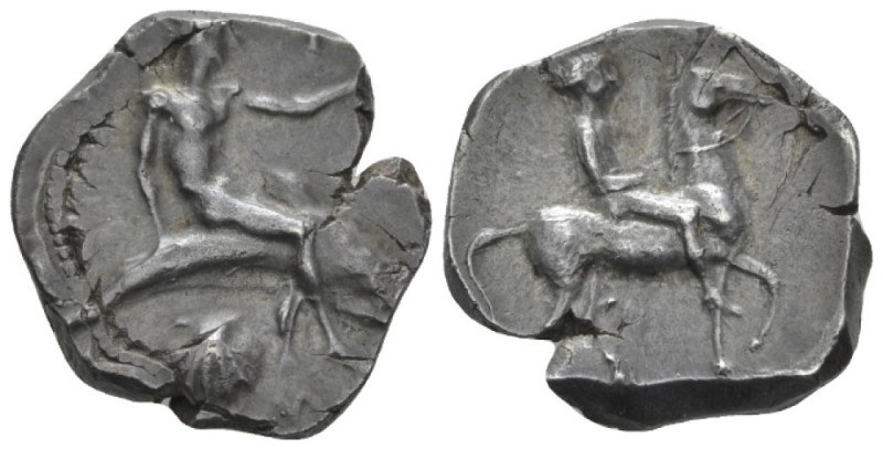 Calabria, Tarentum Nomos circa 440-425, AR 20mm., 8.13g. Dolphin rider r. Rev. H...