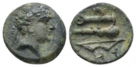 Lucania, Heraklea Bronze circa 276-250 and later, Æ 12mm., 1.12g. Head of Heracles r., beardless and wreathed. Rev. Quiver, bow and club. SNG ANS 115....