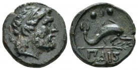 Lucania, Poseidonia as Paestum Quadrans circa 218-201, Æ 15mm., 2.44g. Head of Neptune r. Rev. Dolphin r.; below, branch. Historia Numorum Italy 1217....