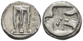 Bruttium, Croton Nomos circa 480-430, AR 20mm., 7.78g. Tripod with legs ending in lion’s paws; between legs, two snakes. Rev. Eagle fying l., incuse. ...