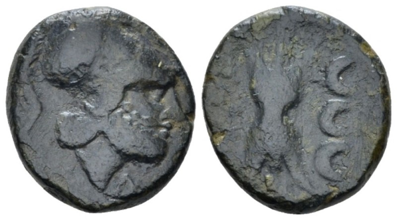 Bruttium, Cosentia Bronze circa 325-300, Æ 17mm., 4.88g. Helmeted male head r. R...