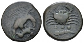 Sicily, Agrigentum Tetras circa 415-406, Æ 20mm., 5.81g. Eagle flying r., holding hare. Rev. Crab; below, three pellets and crayfish. Calciati 54. SNG...