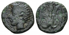 Sicily, Catana Tetras circa 415-402, Æ 13mm., 1.98g. Head of the river god Amenanos l.; ivy leaf behind. Rev. Winged thunderbolt; three pellets around...