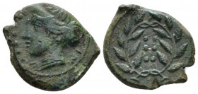 Sicily, Himera Hemilitra circa 415-409, Æ 18mm., 3.99g. Head of nymph l., wearing sphendone; in l. field, six pellets. Rev. Six pellets within wreath....