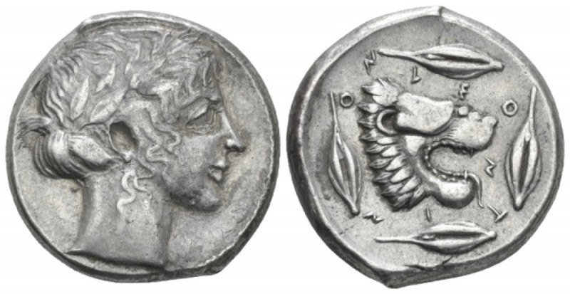 Sicily, Leontini Tetradrachm circa 440-430, AR 25mm., 17.31g. Laureate head of A...