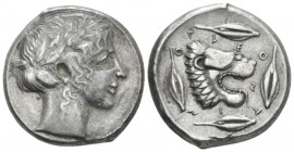 Sicily, Leontini Tetradrachm circa 440-430, AR 25mm., 17.31g. Laureate head of Apollo r. Rev. Lion's head r. with tongue protruding; around, four barl...