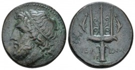 Sicily, Syracuse Bronze circa 274-216, Æ 22mm., 8.25g. Diademed head of Poseidon l. Rev. Decorated trident; flanking by dolphins. SNG ANS 968. Calciat...