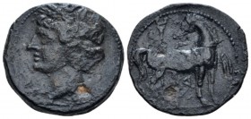 The Carthaginians in Sicily and North Africa, Carthago Unit circa 215-201, billon 22mm., 7.31g. Wreathead head of Tanit l. Rev. Horse standing r., hea...