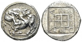 Macedonia, Acanthus Tetradrachm circa 430-390, AR 24.5mm., 16.90g. Bull with head raised, crouching to l. attacked by lion leaping on its back to r. A...