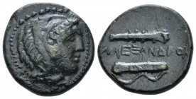 Kingdom of Macedon, Alexander III, 336 – 323 Macedonian mint Bronze circa 336-323, Æ 18mm., 5.77g. Head of Heracles r., wearing lion skin headdress. R...