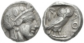 Attica, Athens Tetradrachm after 449, AR 23mm., 17.12g. Head of Athena r., wearing Attic helmet decorated with olive leaves and palmette. Rev. Owl sta...