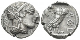 Attica, Athens Tetradrachm after 449, AR 25mm., 17.14g. Head of Athena r., wearing Attic helmet decorated with olive leaves and palmette. Rev. Owl sta...