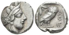 Attica, Athens Tetradrachm after 449, AR 24mm., 17.13g. Head of Athena r., wearing Attic helmet decorated with olive leaves and palmette. Rev. Owl sta...