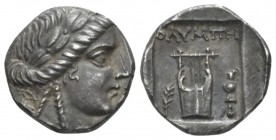 Lycia, Olympos as member of the Lycian league. Lycian league Drachm circa 167-81 BC, AR 14.63mm., 2.98g. Laureate head of Apollo r. Rev. Kithara; on s...