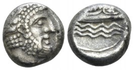 Phoenicia, Aradus Tetrobol circa 385-377, AR 12mm., 3.30g. Laureate head of bearded god r. Rev. Galley r.; above, date. Rouvier IJAN,1903 p. 132, 14....