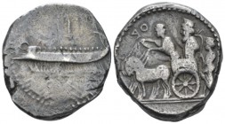 Phoenicia, Sidon Double siglos circa 342-333, AR 26mm., 25.85g. Galley l. Rev. The Great King on chariot l. driven by charioteer; behind, soldier. Ela...