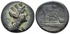 Phoenicia, Aradus Bronze II-I cent., Æ 20mm., 7.70g. Bust of Tyche r., wearing turreted crown; palm behind. Rev. Poseidon seated l. on prow of galley,...