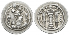 Parthia, Sasanian Kings. Peroz, 457-484. Uzbekistan Drachm circa 457-484, AR 26mm., 4.13g. Bust of Peroz r., wearing crown with two wings, frontal cre...