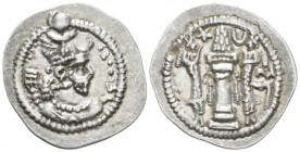 Parthia, Sasanian Kings. Peroz, 457-484. Uzbekistan Drachm circa 457-484, AR 26mm., 4.11g. Bust of Peroz r., wearing crown with two wings, frontal cre...