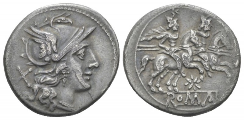 Star (first) series Denarius circa 206-195, AR 18.6mm., 3.35g. Helmeted head of ...