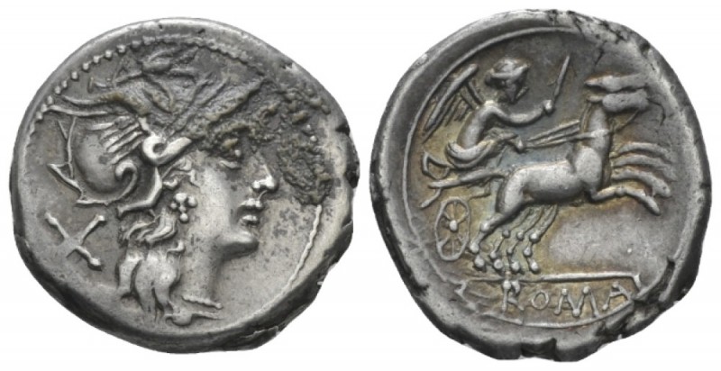 Anonymous issue Denarius circa 157-156, AR 19.3mm., 3.77g. Helmeted head of Roma...