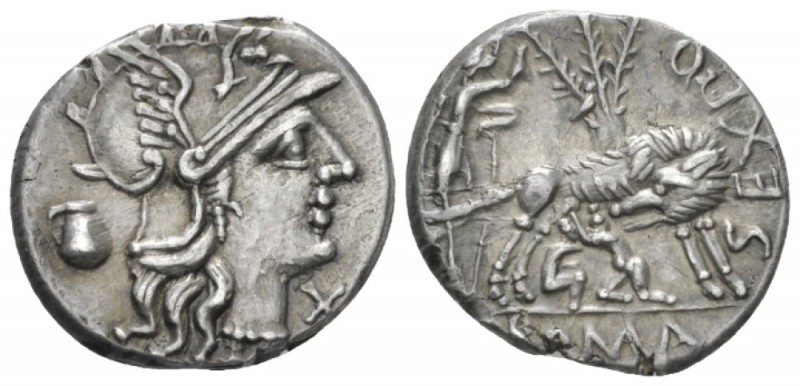 Sex. Pompeius. Denarius circa 137, AR 19.3mm., 3.95g. Helmeted head of Roma r.; ...