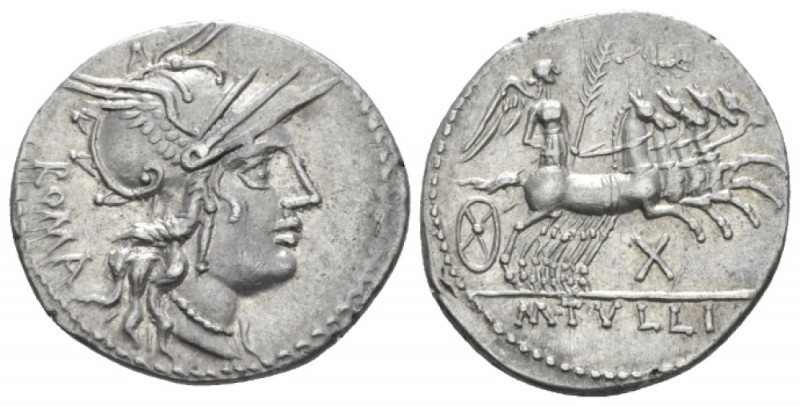 M. Tullius. Denarius circa 121, AR 20.8mm., 3.84g. Helmeted head of Roma r.; beh...