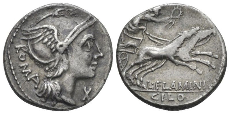 L. Flaminius Chilo. Denarius 109 or 108, AR 18.6mm., 3.87g. Helmeted head of Rom...