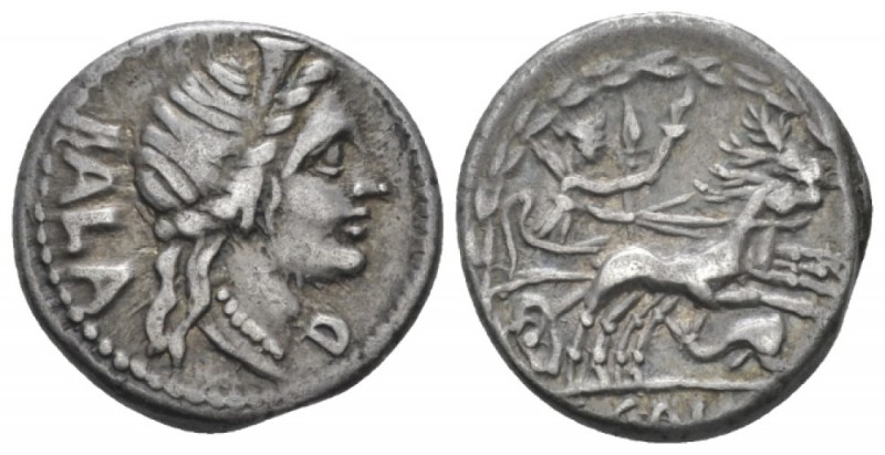 C. Allius Bala. Denarius circa 92, AR 17.5mm., 3.99g. BALA Diademed female head ...