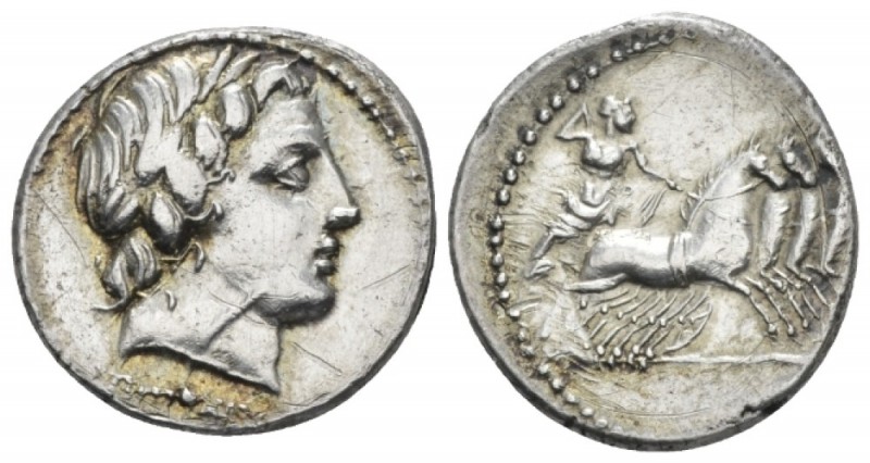 Gar, Ogul, Ver. Denarius circa 86, AR 18.5mm., 3.85g. Laureate head of Apollo r....