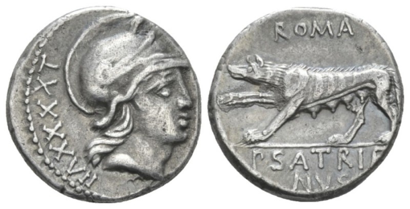 P. Satrienus. Denarius circa 77, AR 16.4mm., 3.87g. Helmeted head of Roma r.; be...