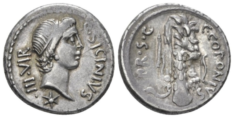 Q. Sicinius and C. Coponius. Denarius mint moving with Pompeius 49,, AR 17.5mm.,...