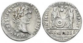 Octavian as Augustus, 27 BC – 14 AD Denarius Lugdunum circa 2 BC-4 AD, AR 19mm., 3.83g. Laureate head r. Rev. Caius and Lucius standing facing and res...