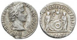 Octavian as Augustus, 27 BC – 14 AD Denarius Lugdunum circa 2 BC-4 AD, AR 18mm., 3.74g. Laureate head r. Rev. Caius and Lucius standing facing and res...