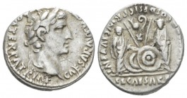 Octavian as Augustus, 27 BC – 14 AD Denarius Lugdunum circa 2 BC-4 AD, AR 17mm., 3.76g. Laureate head r. Rev. Caius and Lucius standing facing and res...