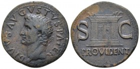 Divus Augustus. As 22-23/30, Æ 30mm., 10.84g. DIVVS AVGVSTVS PATER Radiate head l.; before, thunderbolt and above, star. Rev. Altar-enclosure between ...