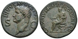 Divus Augustus Dupondius circa 37-41, Æ 29mm., 15.08g. DIVVS AVGVSTVS Radiate head l. Rev. Augustus seated l. on curule chair, holding branch. C 87. R...