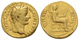 Tiberius, 14-37 Aureus Lugdunum circa 14-37, AV 18.7mm., 7.56g. TI CAESAR DIVI AVG F AVGVSTVS Laureate head of Tiberius to right. Rev. PONTIF MAXIM Li...